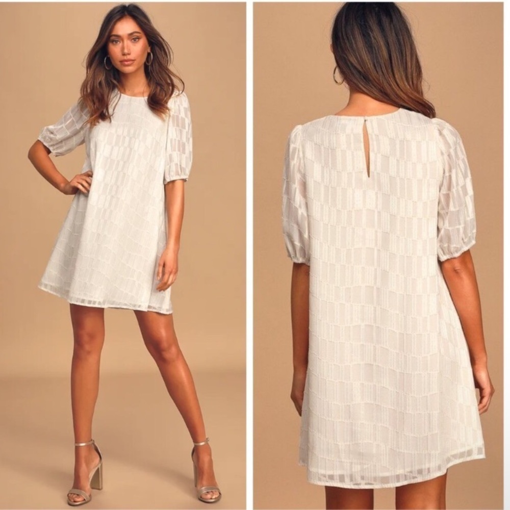 Lulus Check Up On It White and Gold Short Sleeve Mini Shift Dress